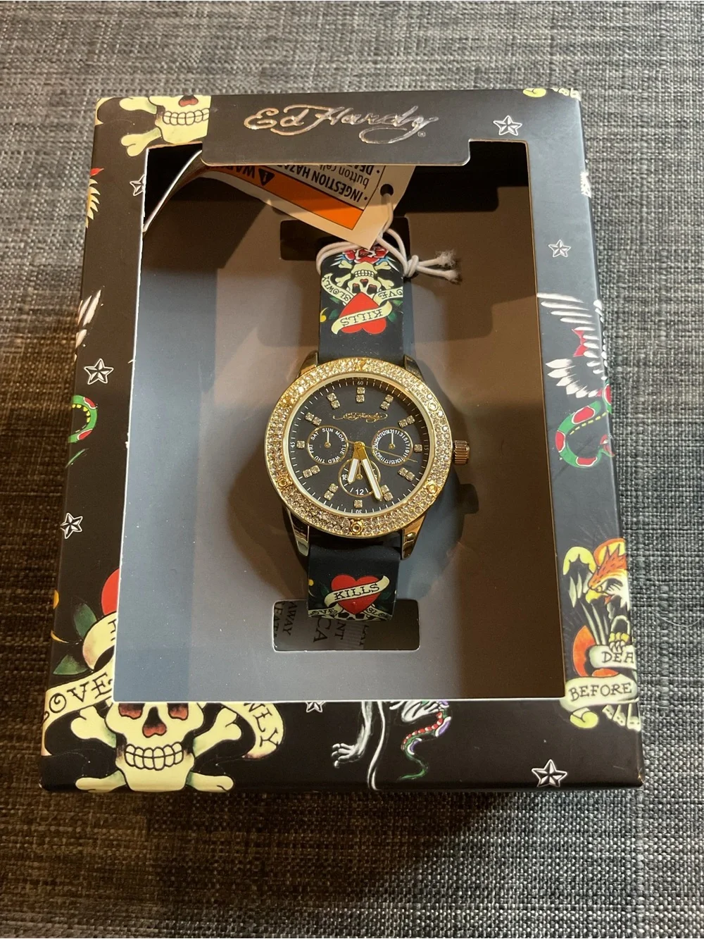 Ed Hardy Gold Tone Black Dial Watch with Red & Green Tattoo Strap #055